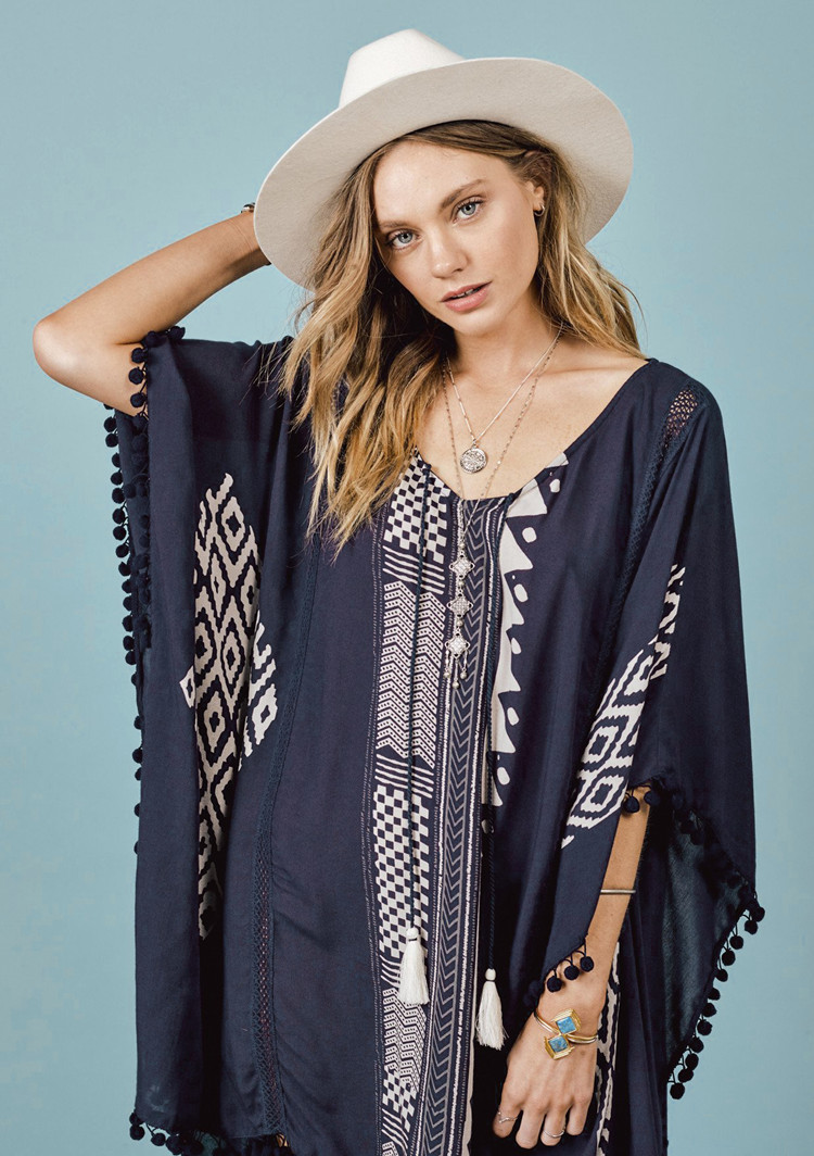 F4737-2 Black Boho Print Pom Pom Trim Tassel Tie Caftan Tunic